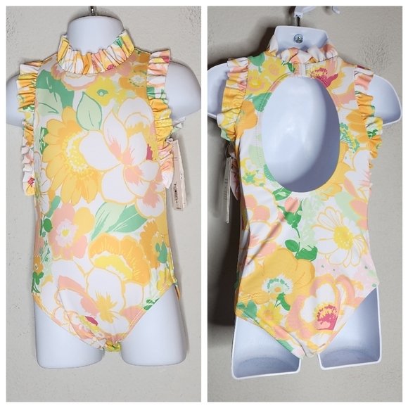NWT Janie and Jack ruffle yellow green floral swimsuit.Size 18-24 months.